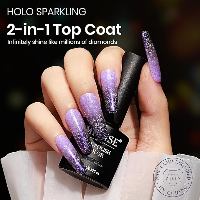 MIZHSE Glitter Top Coat, Clear Glitter Gel Silver Holographic Sparkle No Wipe Rainbow Shimmer Gel Nail Polish for Nail Art Home Manicure 10ml
