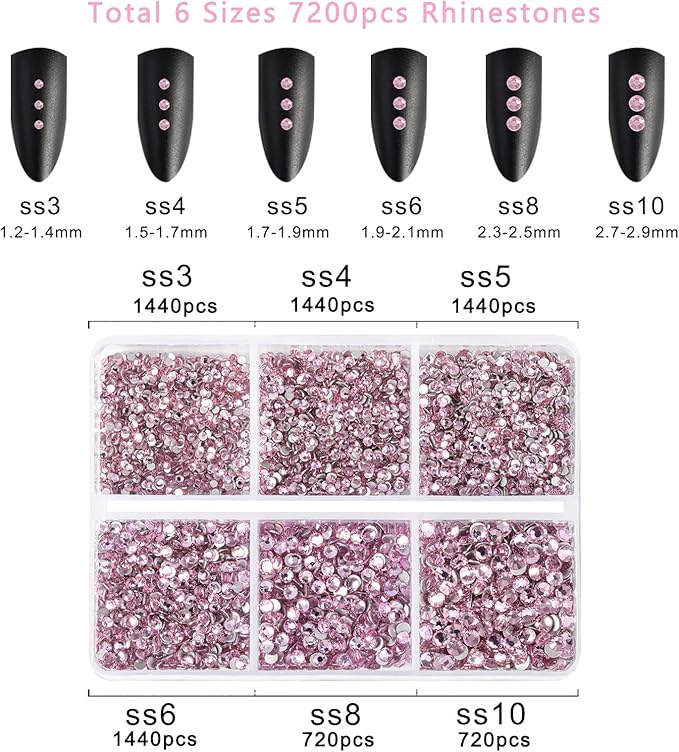 Beadsland 7200pcs Flatback Rhinestones,Pink Rhinestone Nail Gems Round Crystal for Crafts,Mixed 6 Sizes with Wax Pencil Kit, SS3-SS10,Light Rose/Light Pink