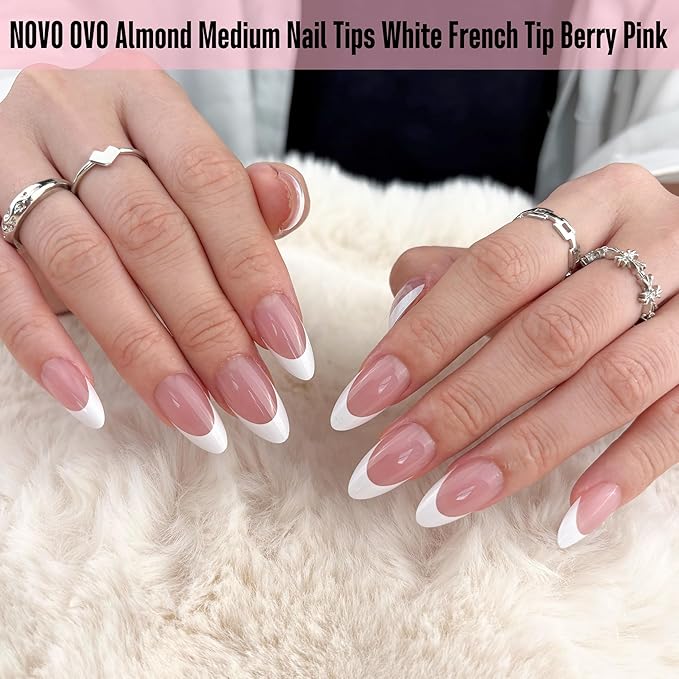NOVO OVO White French Tip Almond Nail Tips Press on BERRY PINK, Extra Thick Medium Soft Gel Fake Nail Acrylic Extension, Need Builder Gel Top Coat, No Glue Included, for Salon DIY x 15 Sizes 240 pcs