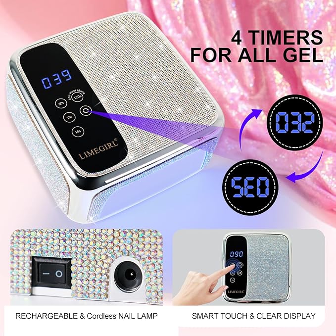 UV LED Nail Lamp Cordless, Professional UV Light for Gel Nail Polish, Fast Curing Lamp Nail Dryer with 4 Timers & LCD Touch Display, for Salon-Grade Gel Nails - Sparkling Diamond UV Nail Lamp (White)