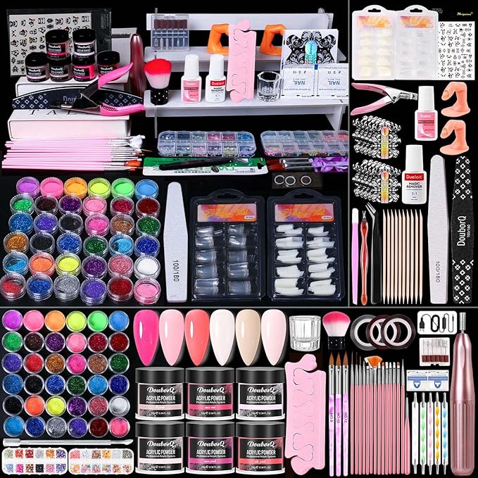 Acrylic Nail Kit for beginners with Everything- acrylic nail kit with drill lamp Acrylic Powder Glitter False Tips Starter Kit - Full Nail Supplies for Nail Extensions