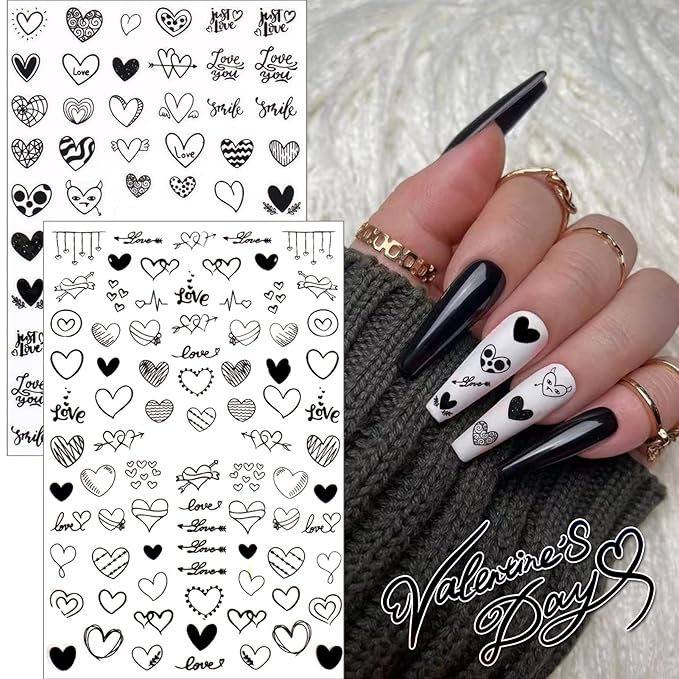 9 Sheets Heart Nail Stickers, 3D Valentine's Day Black Red Golden Laser Design Self-Adhesive Nail Art Decals, DIY Manicure Decoration Supplies Accessories for Women Girls