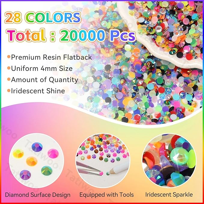 20000Pcs Color Resin Jelly Rhinestones for Bedazzling, 4mm Pink Blue Red White Colored Flatback Gems for Crafting, Jewels Bedazzling Kit for Clothing Shoes Bottle Diamond Nail Art Face DIY