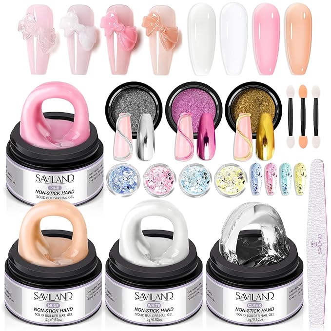 SAVILAND Non Sticky Solid Builder Nail Gel Kit: 4 Color Long-lasting Clear Nude White Pink Solid Hard Gel with Chrome Nail Powder for Nail Extension 3D Sculpting Nail Art Starter Kit DIY Home Salon