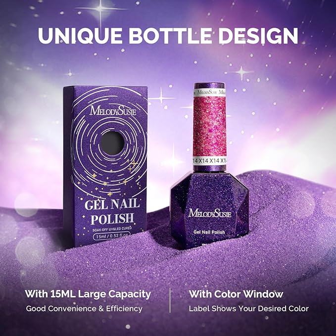 MelodySusie Galaliver Hot Pink Glitter Gel Nail Polish, 15ML Shimmer Pink Sparkle Gel Polish Soak Off UV LED Cured Long Lasting Gift for Women DIY Nail Design Nail Art Manicure X14