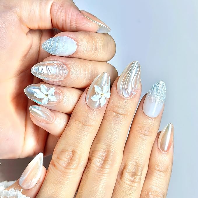 Handmade Press On Nails Short Almond Ivory Pearl Shimmer Nails with 3D White Flower. Natural Elegant Reusable Set (15 Sizes, 30 Nails + Glue) | Designed in L.A, Made in Vietnam| PEARL PROMISE