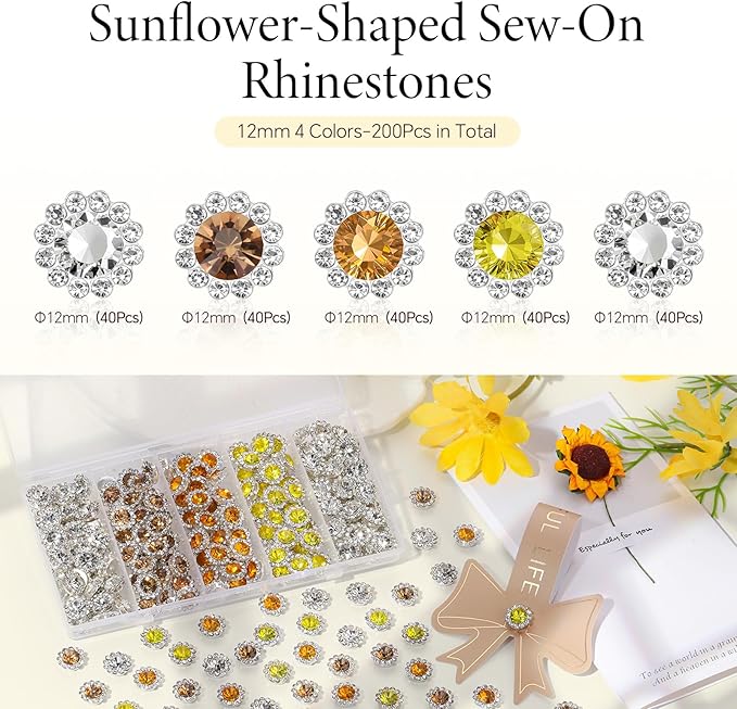 200 Pcs 12MM Sew on Rhinestones Mixed Colors Crystal Glass Metal Base Flower Shape, Flatback Rhinestones for Crafting, Sewing Accessories for Clothes and Shoes (Yellow)