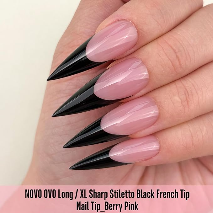 NOVO OVO Black French Tip Long XL Sharp Stiletto Nail Tips Press on BERRY PINK, Soft Gel Double Matte Fake Nail Extension, Full Cover False Nails for Acrylic DIY x 16 Sizes 160 pcs
