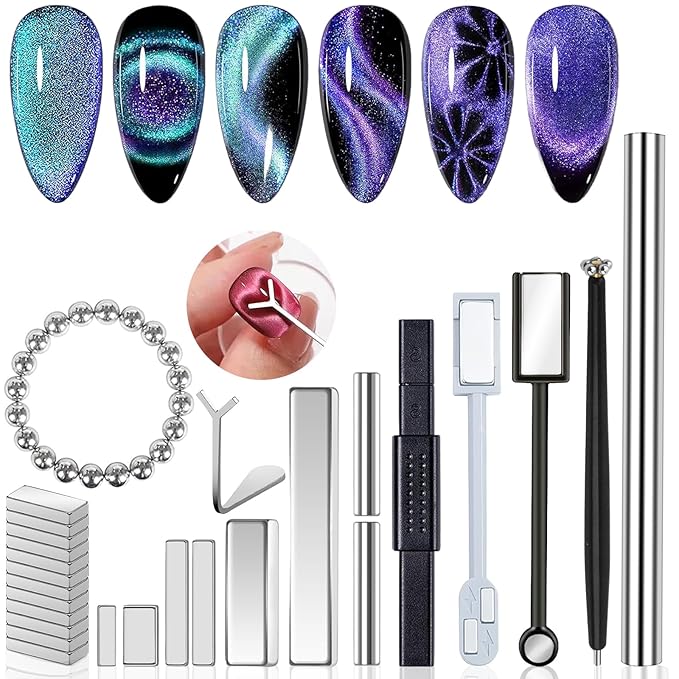 46Pcs Cat Eye Nail Magnet Tool Set, Cat Eye Heart Magnets for Nails, Double-Head Nails Magnet Stick, Round Magnetic Beads, Heart Cat Eye Gel Polish Magnets Tools for Women DIY Manicure