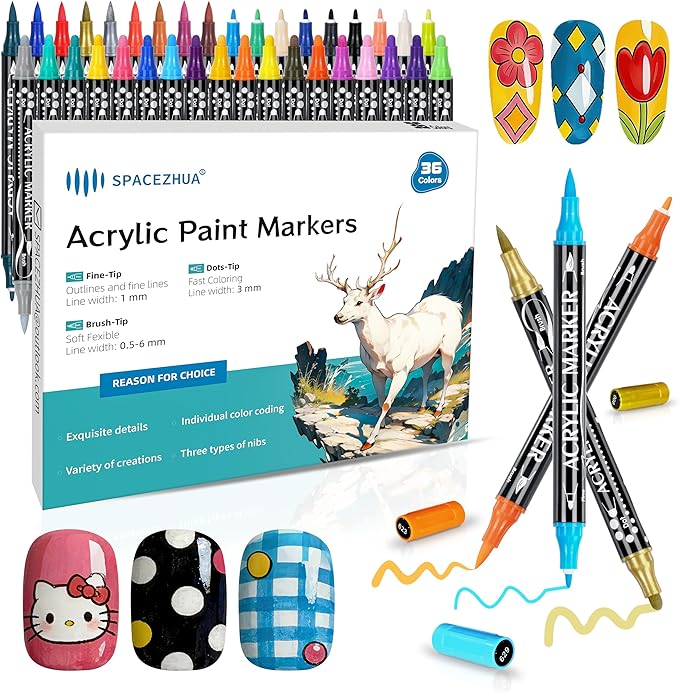 Nail Art Pens Set 36 Colors Nail Polish Pens Marker, Acrylic Paint Markers with 3 Types of Pen Tips (0.5/1.0/3.0mm) Non-Toxic Quick-Drying Waterproof for Women DIY Nail Art Design Manicure Tools