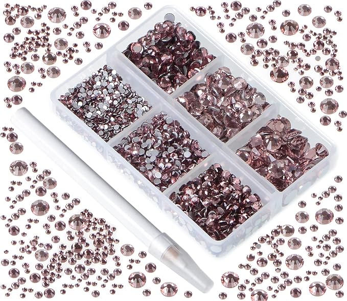 Bymitel 5000 Pieces 6 Mixed Sizes Glue Fix on Glass Rhinestones Round Crystal Gems Flatback for DIY Jewelry Making with one Picking Pen(6-Sizes 5000PCS, Lt. Amethyst)