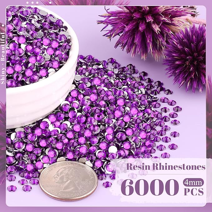6000PCS 4mm Resin Rhinestones Bulk for Crafting (Dark Violet), Flatback Bedazzling Crystals for Crafts DIY Nail Decoration, Gems Charms for Tumbler Shoes Clothing Fabric with Pickup Pen and Tweezers