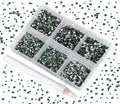 Bymitel 7200 Pieces 6 Mixed Sizes Glue Fix on Glass Rhinestones Round Crystal Gems Flatback for DIY Jewelry Making with one Picking Pen(6-Sizes 7200PCS, Emerald)