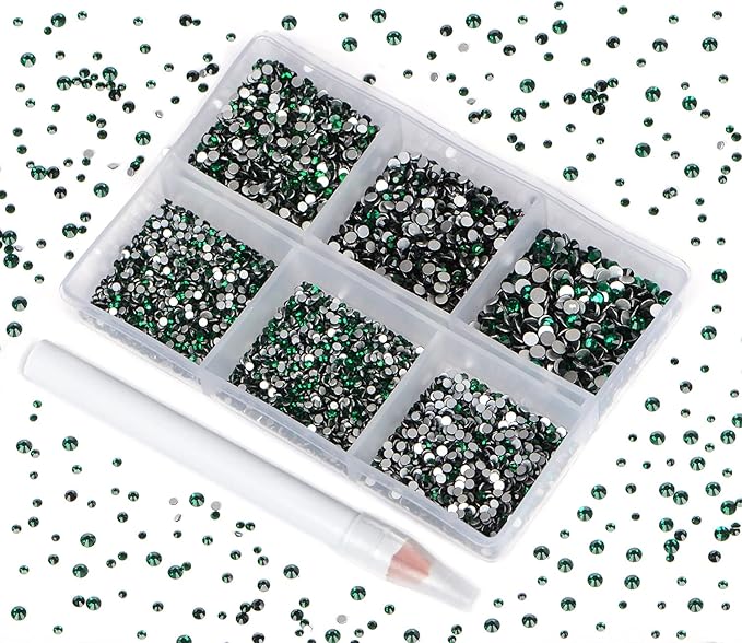 Bymitel 7200 Pieces 6 Mixed Sizes Glue Fix on Glass Rhinestones Round Crystal Gems Flatback for DIY Jewelry Making with one Picking Pen(6-Sizes 7200PCS, Emerald)