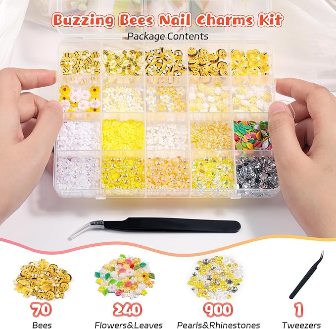1200PCS Bee Flower Nail Charms Kit, 3D Daisy & Sunflower Resin Charms, Acrylic Bees, Half Pearls Rhinestones for Nail Art, DIY Crafts with Tweezers