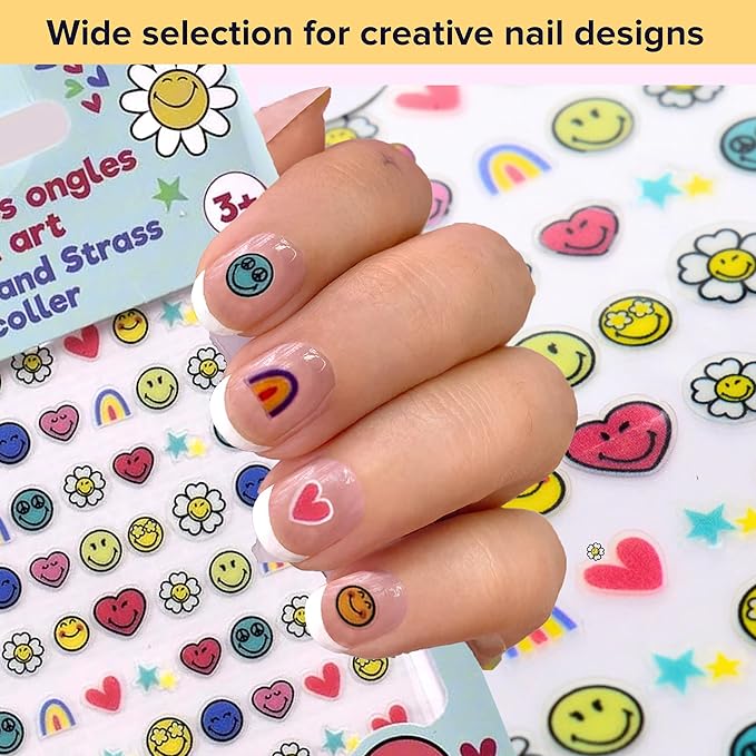 Smiley Nail Stickers – 1 Sheet with 72 Stickers + 24 Rhinestones – Self-Adhesive Nail Art for Girls – Fun Activity & Gift Idea for Birthdays, Crafts, Party Bags and Playdates