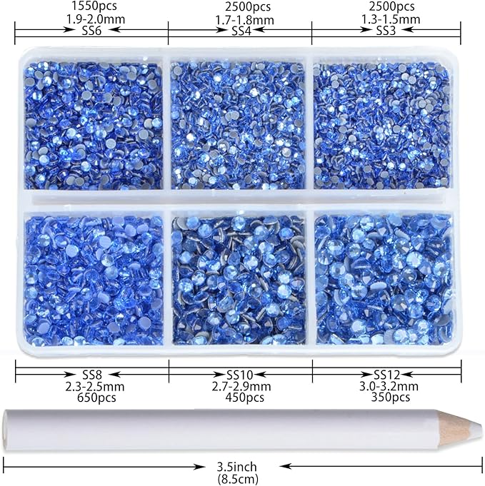 NCB Hotfix Iron on 8000pcs Crystal Rhinestones Round Gem for Crafts Decoration DIY Jewelry Making with a Picking Pen (Lt. Sapphire, 6Sizes SS3-SS12)