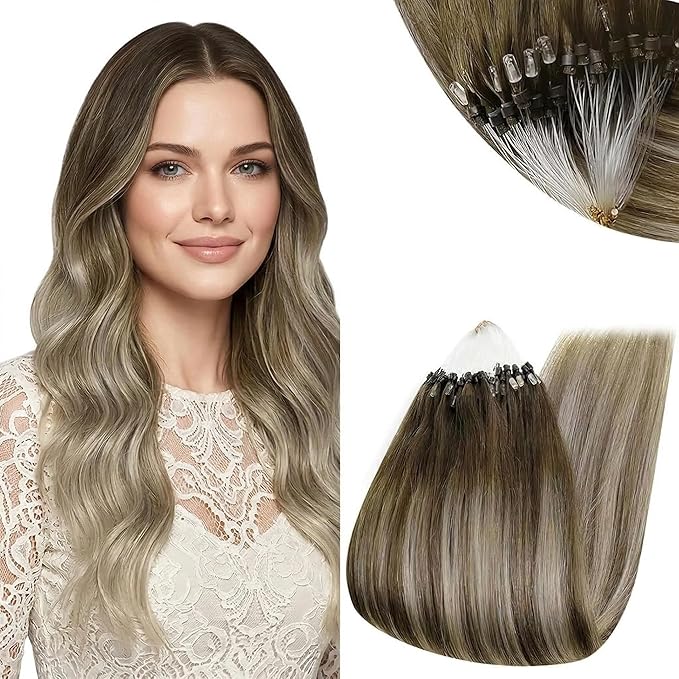 RUNATURE Micro Loop Hair Extensions Remy Hair Brown to Blonde Balayage Micro Human Hair Ombre Real Micro Beads Extensions 20 Inch 50g 1g/Strand