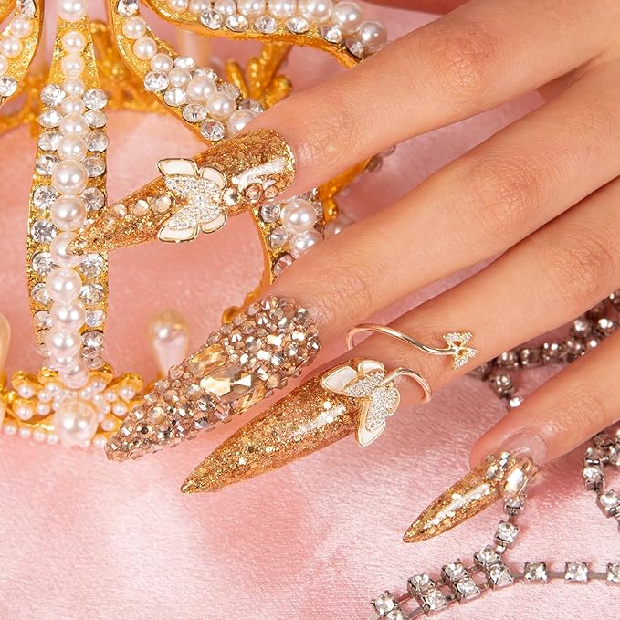 LOVFUL Press on Nails I can Fly French Tip | Handmade with Full Covered Crystals | Reusable Fake Nails | Stiletto Mid Length 1.7 in | H45-S