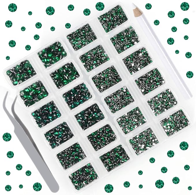 10000 Pieces Rhinestones 6 Sizes Round Crystal Glass Flat Back Rhinestones with 1Tweezers and 1Picking Pen for Nail Art Crafts Clothes Bags DIY (Emerald)