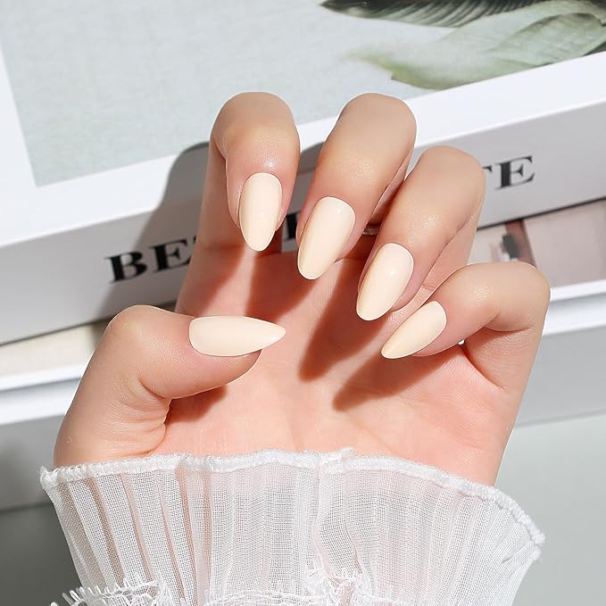 Luxbon Press On Nails Stick On Nails with No-Cure Nail Glue and Tool Kit – Short Almond Soft Gel Tips 25-30pcs Full Size Set, Reusable Fake Nails for Women, Salon Look at Home, Milky White