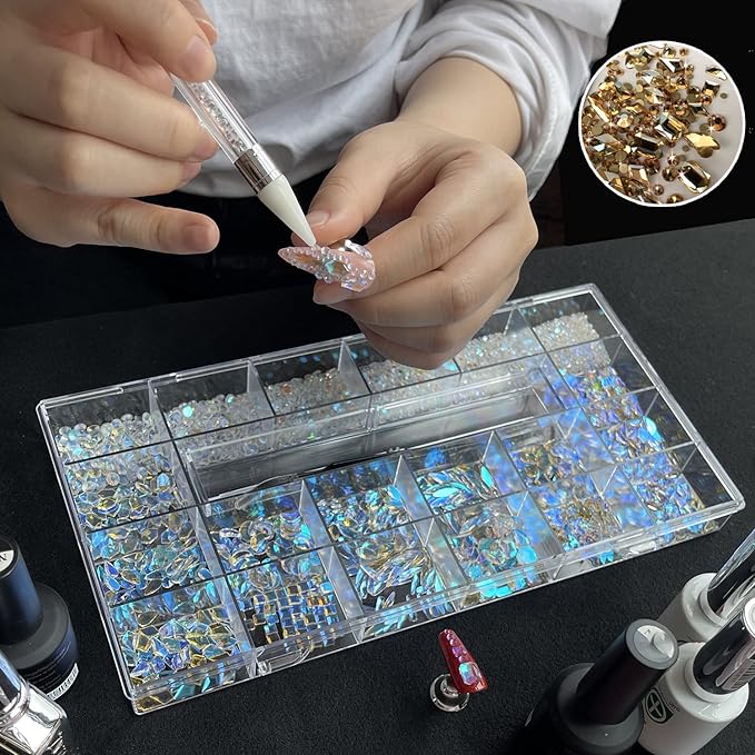 Nail Rhinestones Kit,Crystal Rhinestones for Nail Decoration Nail Art Supplies,Glass Gems Stones for Nail DIY Crafts Clothes Shoes Jewelry(700 Diamonds + 3480 Flat Rhinestones),Iridescent AB