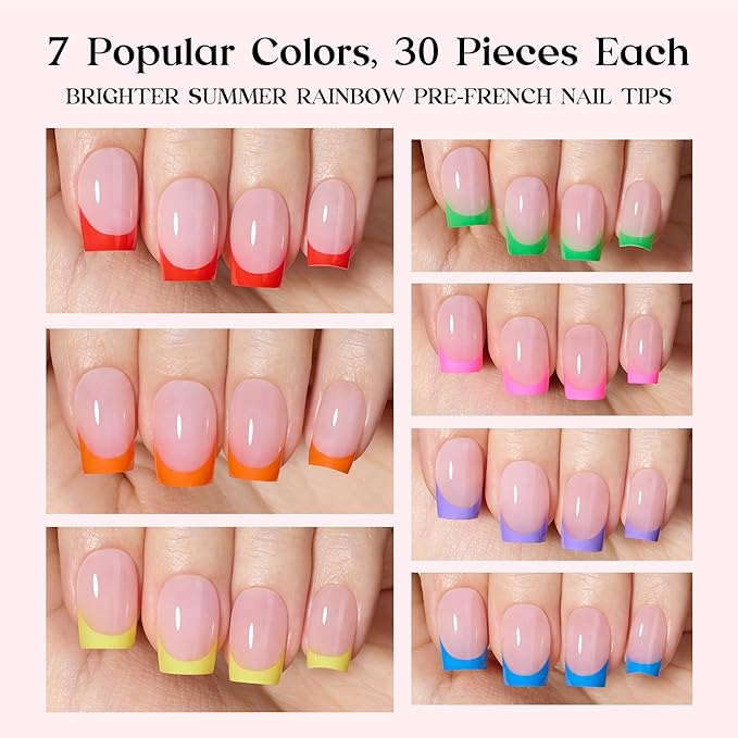 Beetles Summer Press On Nails 210 Pcs 7 Colors, French Tip Nails Short Square Classic Fake Nail Tips, Rainbow Soft Gel Nails False Nails Art DIY For Women