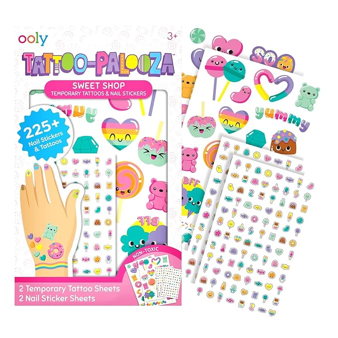 Ooly Set of 35 Sweet Shop Temporary Tattoos and 192 Nail Stickers for Kids, Non-Toxic, Safe Child Tattoos, Party Favors, Goodie Bag Stuffers Gifts for Kids, Birthday Decorations for Girls Ages +3
