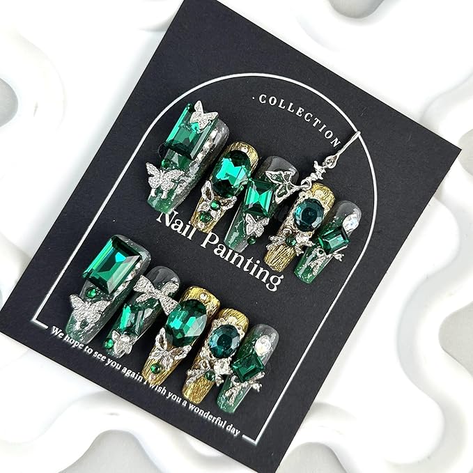 100% Handmade Press on Nails Y2K Green Diamond Fake Nails Long Coffin False Nails with Silver Bow Butterfly Charms Jadeite Emerald Glue on Nails Reusable Handmade Nails for Women Manicure Size L