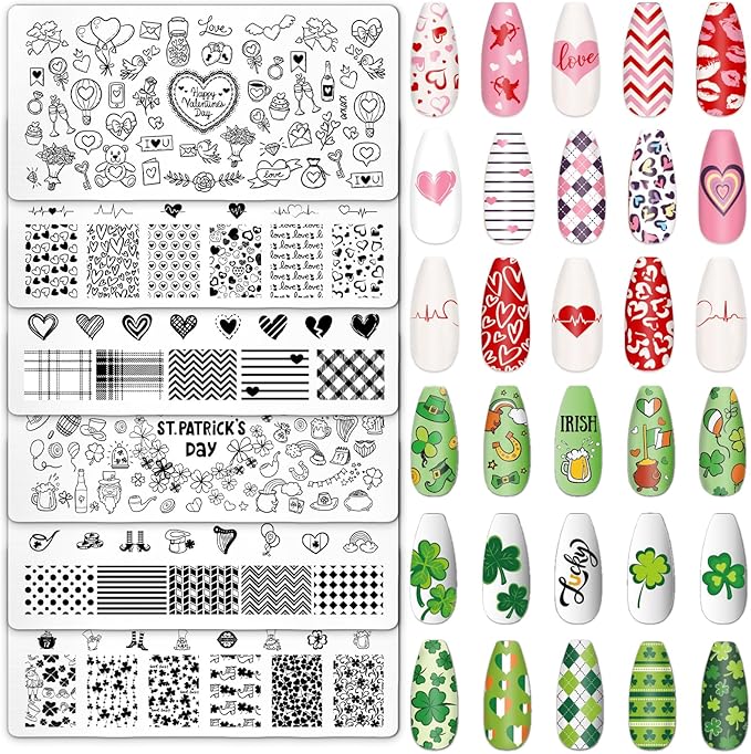 Whaline 6 Pcs St. Patrick's Day Valentine Nail Art Stamping Plates Kit Love Heart Spring Shamrock Image Stamp Templates Nail Art Plates Set for DIY Print Manicure Salon Design