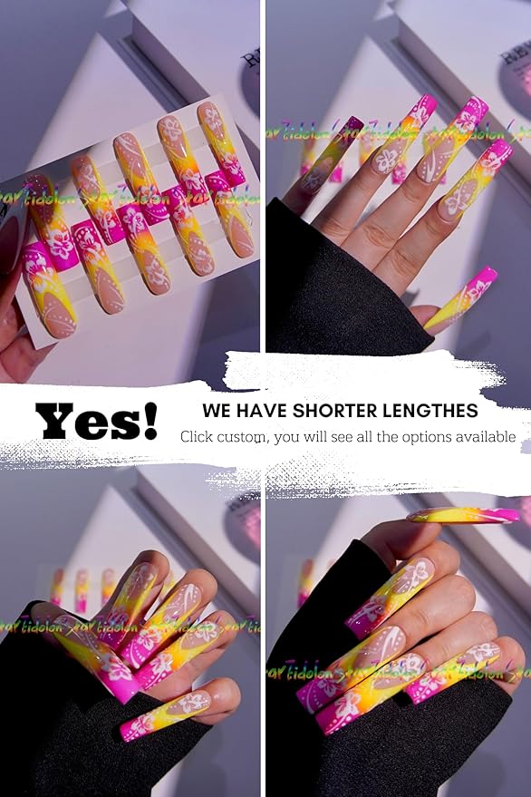 HAND-PAINTED White Press Ons Neon Small Press on Nails Long French Press on Nails Coffin Medium Short Nail art Fake Nail Art Kit with 7g Glue on Nails Handmade Almond Square Nails (TJ55, Custom)