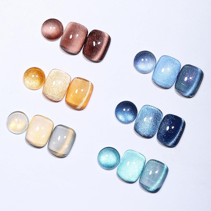 Cat Eye Gel Nail Polish Set, 6 Colors 12ML - 9D Glassy Holographic Glitter, Magnetic Nail Art Kit with Magnet, Soak Off UV LED Gel for DIY Home Salon Manicure Gift for Women