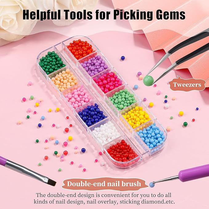 3D Mini Small Metal Stainless Steel Caviar Nail Beads Balls, 0.8-3mm Gold Silver Alloy Nail Art Chain Charms Studs with Tweezers and Dual-end Brush (20-K1-colorful-beads)