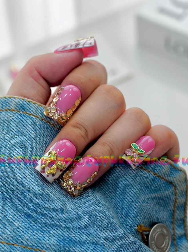 Euphrosyne 10pcs Pink Short Square Press On Nails – Fake Nails with Rhinestones, Zebra Print & 3D Butterfly Charms | Cute Stick-On Nail Art for Women or Teens, Daily or Party Wear