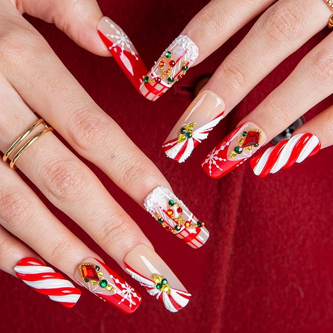LOVFUL Short French Tip Press on Nails Candy Noel | Handmade Acrylic Press ons| Reusable Fake False Nails | Square Classic Regular 1.3in | H675-M