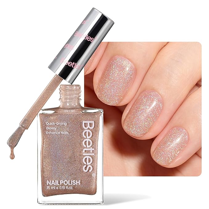 Beetles Nail Strengthener, 2 in 1 Nail Strengthener Polish Nail Growth Nail Ridge Filler Base Coat Nail Polish Nail Repair for Damaged Thin Nails Natural Nails Glitter Brown Nail Polish 15ML