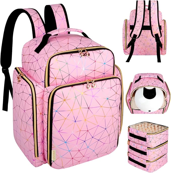 Nail Polish Organizer Backpack Holds 126 Bottles& Nail Lamp, Extra Large Nail Kit Supplies Organizer Bag with 3 Removable Cases, Portable Nail Organizers and Storage for Trave (PU Leather Pink)