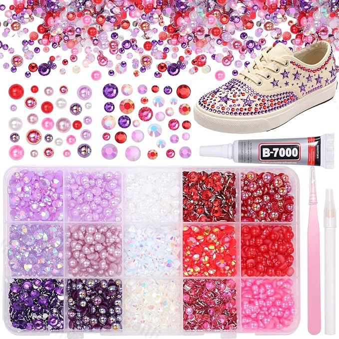 15 Grids Pearls and Resin Rhinestones for Crafting, Purple Red White Bedazzling Gems Kit, Jelly Resin Rhinestones for Nails Face Eyes Makeup Crafts Tumblers Bottles