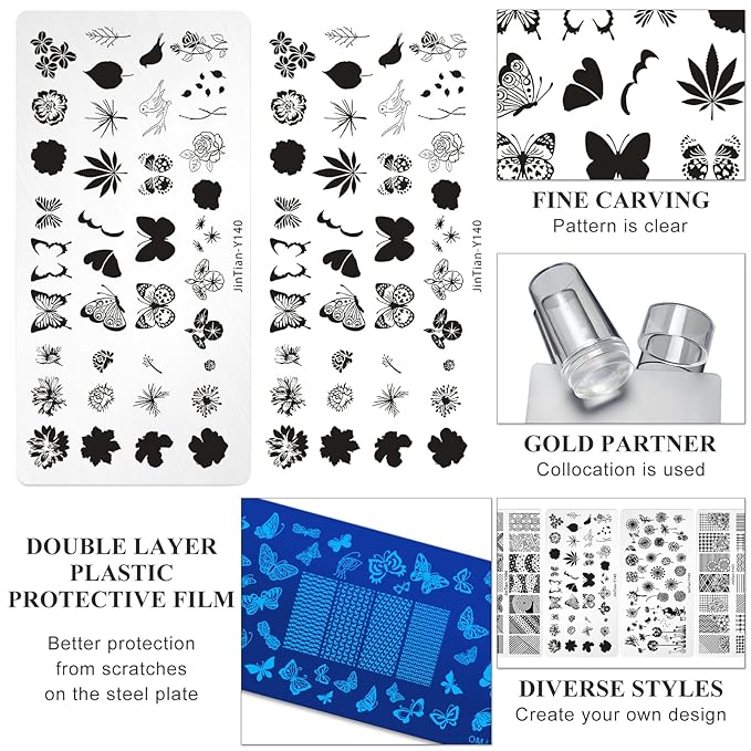 7pc Nail Stamping Plate Kit Letter Butterfly Nails Stamp Plate Lace Flower Geometric Nail Art Template Stencil Fingernail Polish Stamps Plates Set Stamper Scraper French Tips Nails Design Tools