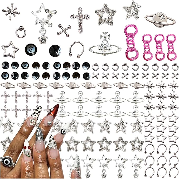 134PCS Nail Charms,Silver Star Planet Cross Nail Jewels Punk Pink Handcuffs Billiards Nail Art Accessories for Acrylic Nails, Nail Art Supplies Craft DIY, Mix