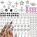 134PCS Nail Charms,Silver Star Planet Cross Nail Jewels Punk Pink Handcuffs Billiards Nail Art Accessories for Acrylic Nails, Nail Art Supplies Craft DIY, Mix