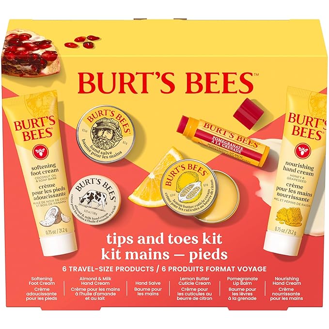 Burt's Bees Valentine's Day Gifts Ideas, Tips and Toes Kit, 6 Travel Size Products - Pomegranate Moisturizing Lip Balm, 2 Hand Creams, Foot Cream, Cuticle Cream, and Hand Salve