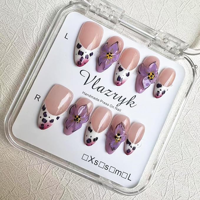 Luxury Handmade Press On Nails, Purple French Medium Almond with 3D Flowers, Winter & Autumn Gradient False Nails,Reusable Multi-Layer Post-Gel Acrylic Nails for Women .(10pcs)