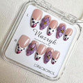 Luxury Handmade Press On Nails, Purple French Medium Almond with 3D Flowers, Winter & Autumn Gradient False Nails,Reusable Multi-Layer Post-Gel Acrylic Nails for Women .(10pcs)