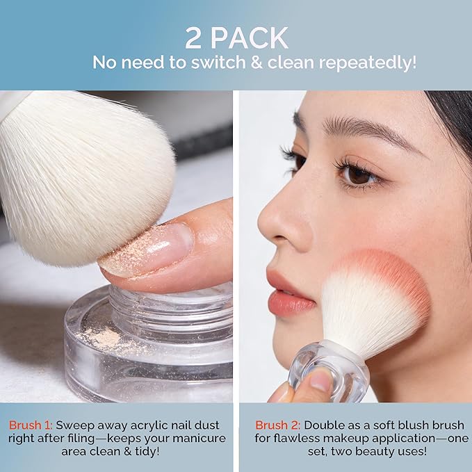 2Pcs Nail Dust Brush Set, Transparent Base with Hollow Cavity Design (Better Grip) - Soft Kabuki Cleaner Brush for Acrylic Nails, Manicure Dust Removal & Makeup