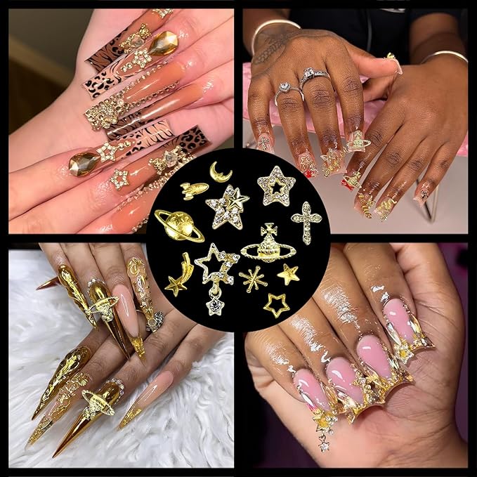 85PCS Star Nail Charms for Acrylic Nails,Gold Star Planet Cross Alloy Nail Art Decoration, Nail Stones Nail Jewels Accessories for Nail Art Supplies Manicure Craft DIY, Medium