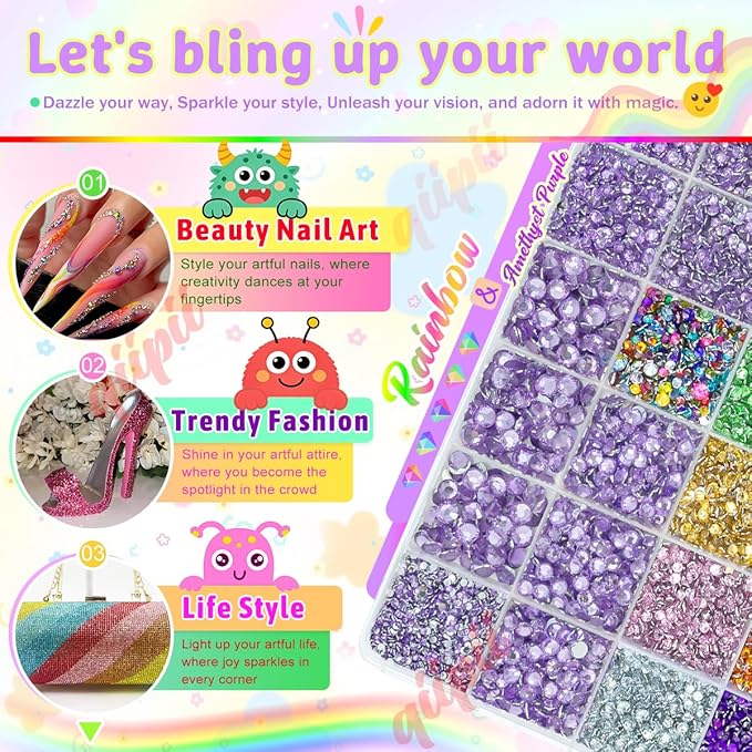28 Grids Amethyst Purple 2mm-6mm Resin Rhinestones w B7000 Glue for Bedazzling Crafting Colorful Flatback Stones Diamonds Crystals Gems Bedazzler Kit for Nails Face Eyes Makeup Tumblers Crafts