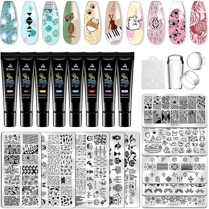 Biutee Nail Stamping Kit with Clear Stamper & Scraper, 10pcs Nail Art Stamping Plates + 8 Colors Stamping Gel Polish, Flower Animal Geometric Nail Art Tools for Beginners