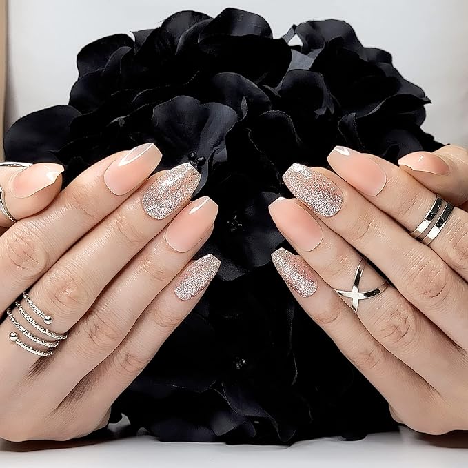 Hypnaughty 24 Pcs Nude Ballerina Press On Nails with Glue Medium Short Length Fake Nails with Glitter Design Glossy Acrylic Press On Nails Full Cover (Nude)