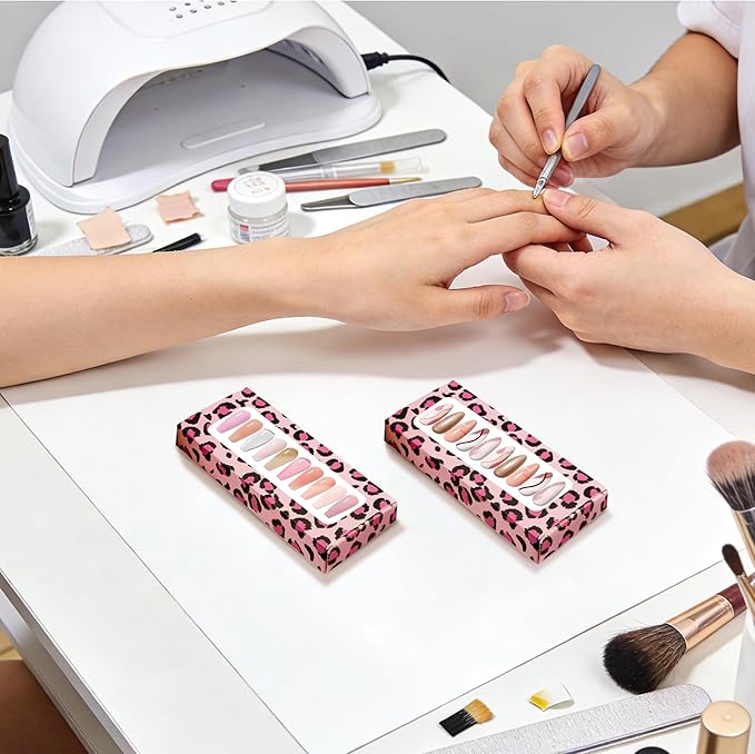 71 Pcs Empty Press on Nails Packaging Box 35 Pcs White Background Papers and 1 Double Sided Tape, Empty Nail Package Box Set for Press on Nail Business (Pink Leopard)